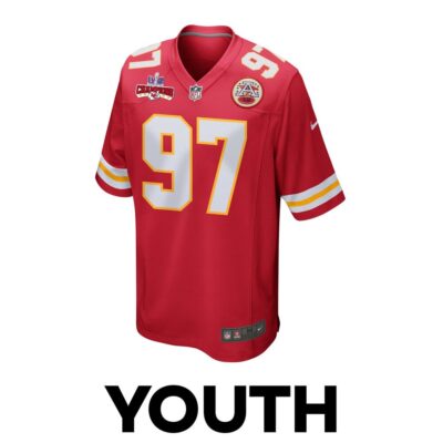 Alternative view of Felix Anudike-Uzomah 97 Kansas City Chiefs Super Bowl LVIII Champions 4 Stars Patch Game Youth Jersey - Red