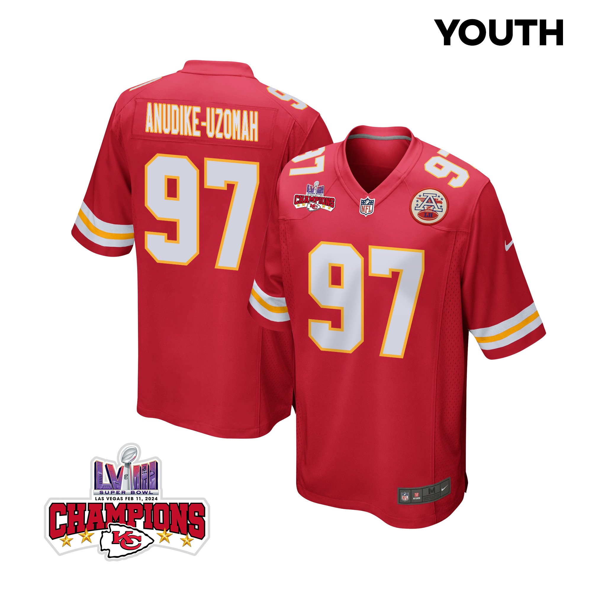 Felix Anudike-Uzomah 97 Kansas City Chiefs Super Bowl LVIII Champions 4 Stars Patch Game Youth Jersey - Red