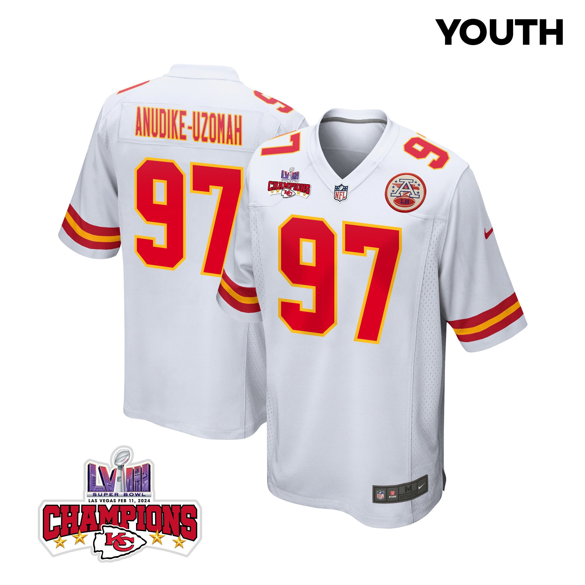 Felix Anudike-Uzomah 97 Kansas City Chiefs Super Bowl LVIII Champions 4 Stars Patch Game Youth Jersey - White