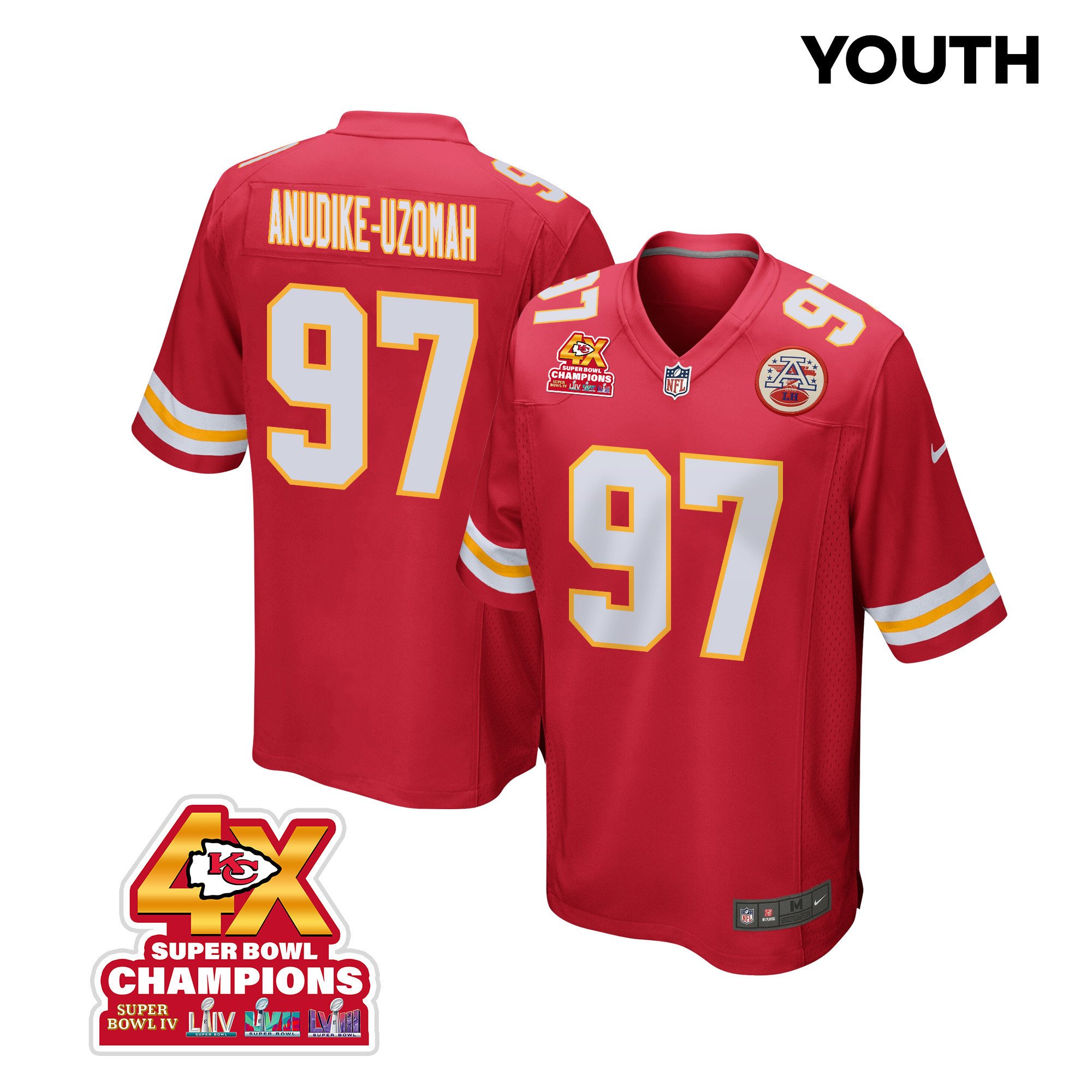 Felix Anudike-Uzomah 97 Kansas City Chiefs Super Bowl LVIII Champions 4X Game Youth Jersey - Red