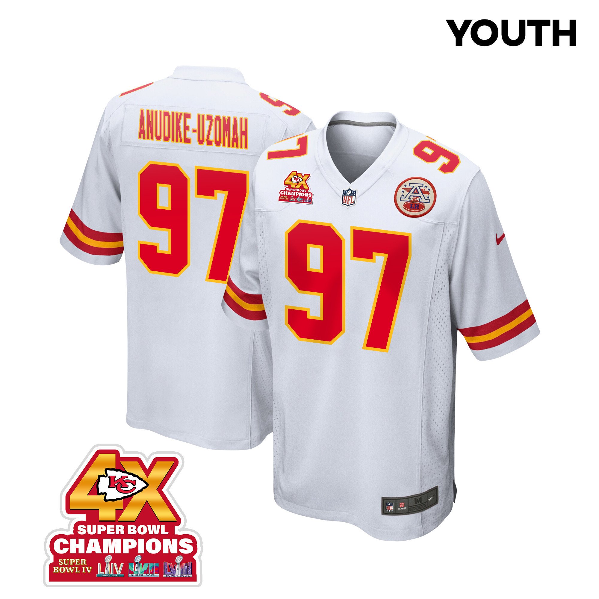 Felix Anudike-Uzomah 97 Kansas City Chiefs Super Bowl LVIII Champions 4X Game Youth Jersey - White