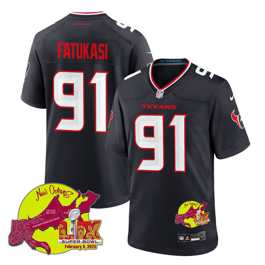 Folorunso Fatukasi 91 Houston Texans Super Bowl LIX New Orleans Patch Game Men Jersey - Navy