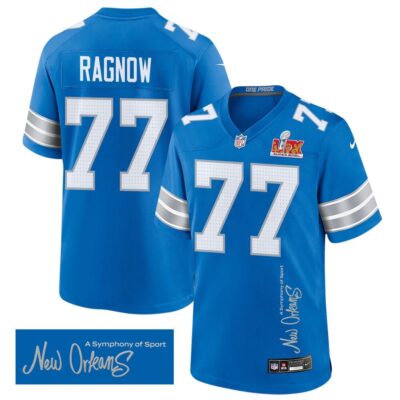 Frank Ragnow 77 Detroit Lions Super Bowl LIX 'New Orleans - A Symphony of Sport' Game Men Jersey - Blue
