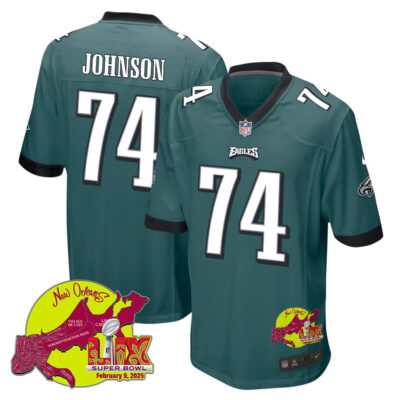 Fred Johnson 74 Philadelphia Eagles Super Bowl LIX New Orleans Patch Game Men Jersey - Midnight Green