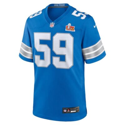 Alternative view of Giovanni Manu #59 Detroit Lions Super Bowl LIX Jersey - Men's - Blue