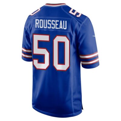 Alternative view of Greg Rousseau 50 Buffalo Bills Super Bowl LIX New Orleans Patch Game Men Jersey - Royal