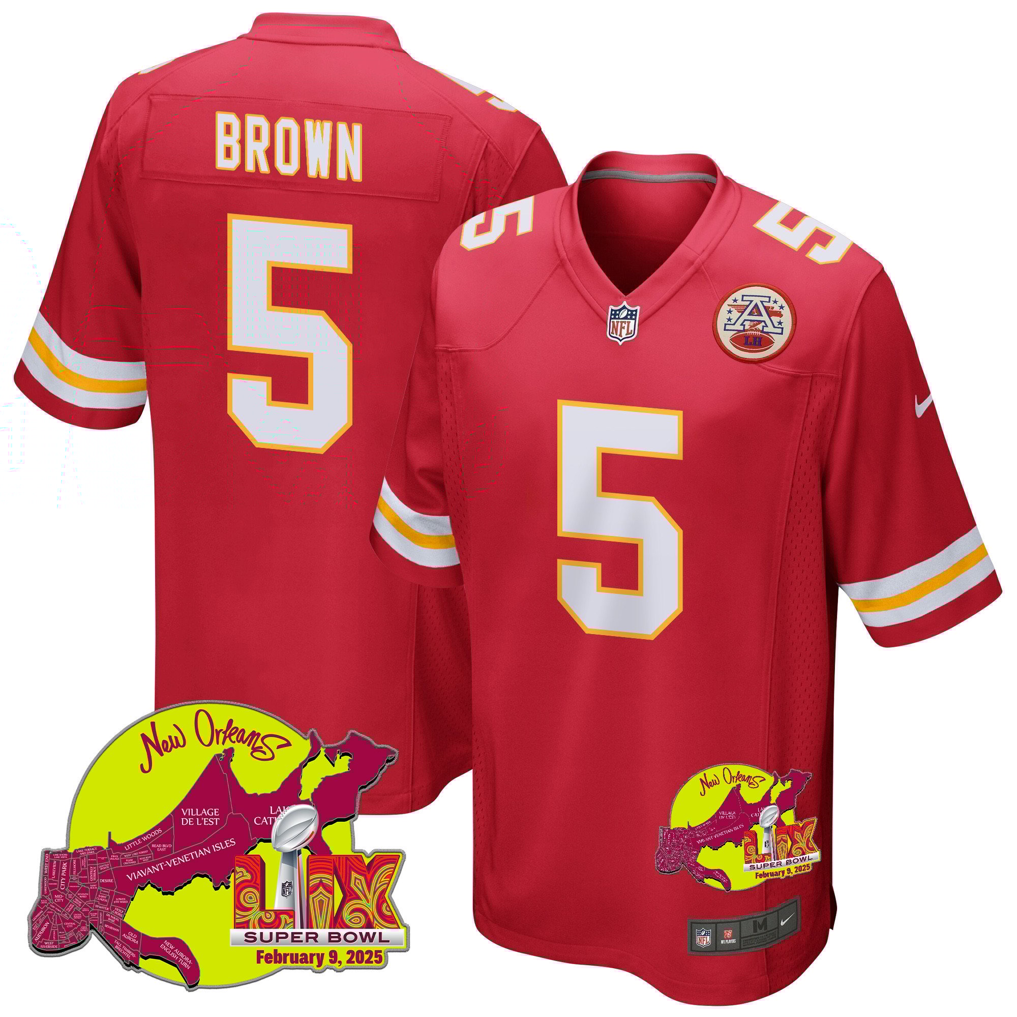 Hollywood Brown 5 Kansas City Chiefs Super Bowl LIX New Orleans Patch Game Men Jersey - Red