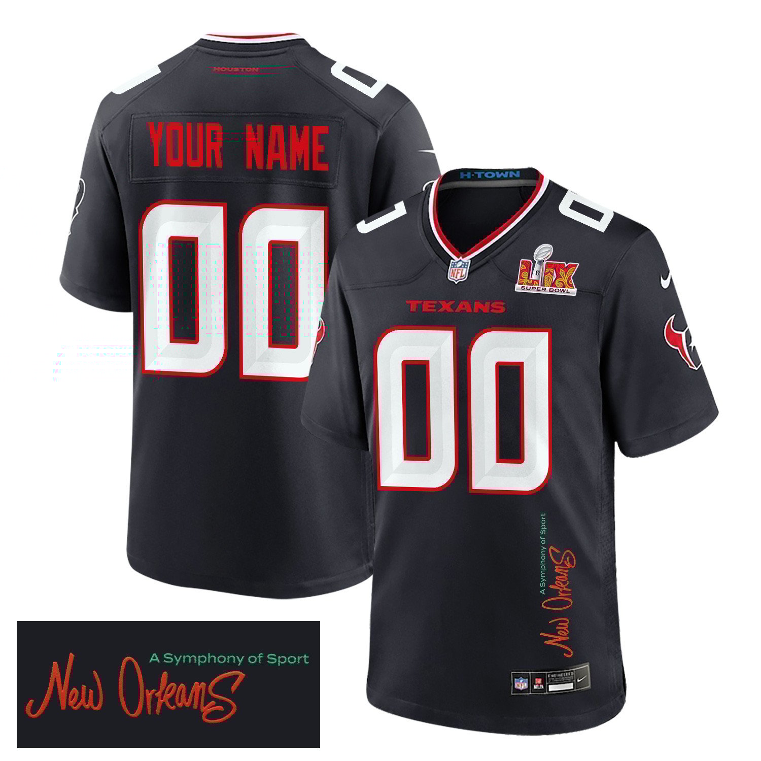 Houston Texans Super Bowl LIX 'New Orleans - A Symphony of Sport' Game Men Custom Jersey - Navy