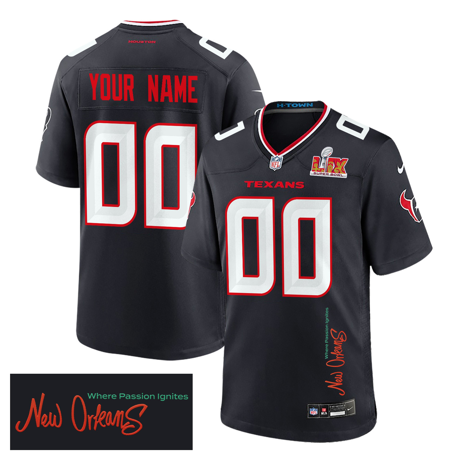 Houston Texans Super Bowl LIX 'New Orleans - Where Passion Ignites' Game Men Custom Jersey - Navy