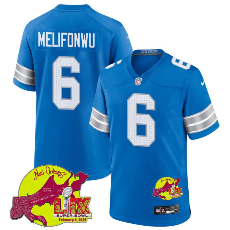 Ifeatu Melifonwu 6 Detroit Lions Super Bowl LIX New Orleans Patch Game Men Jersey - Blue
