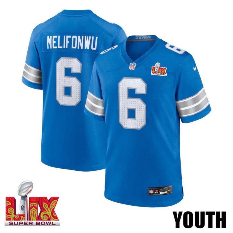 Ifeatu Melifonwu #6 Detroit Lions Super Bowl LIX Youth Jersey - Blue