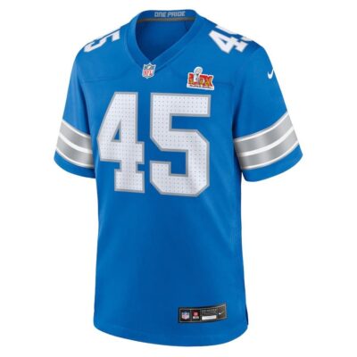 Alternative view of Isaac Ukwu #45 Detroit Lions Super Bowl LIX Youth Jersey - Blue