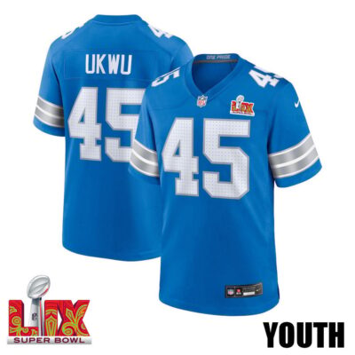 Isaac Ukwu #45 Detroit Lions Super Bowl LIX Youth Jersey - Blue