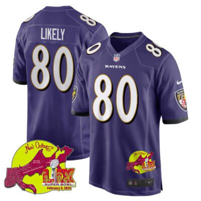Isaiah Likely 80 Baltimore Ravens Super Bowl LIX New Orleans Patch Game Men Jersey - Purple