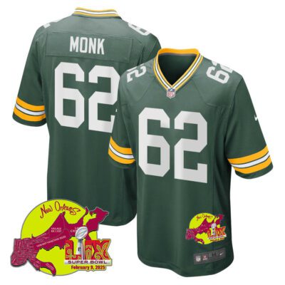 Jacob Monk 62 Green Bay Packers Super Bowl LIX New Orleans Patch Game Men Jersey - Green