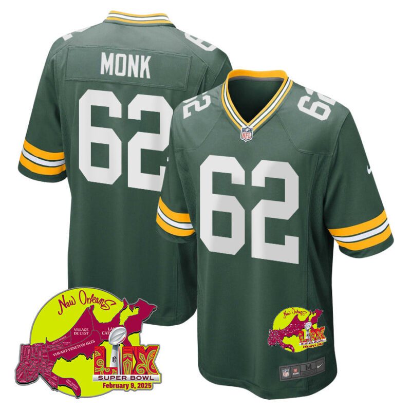 Jacob Monk 62 Green Bay Packers Super Bowl LIX New Orleans Patch Game Men Jersey - Green