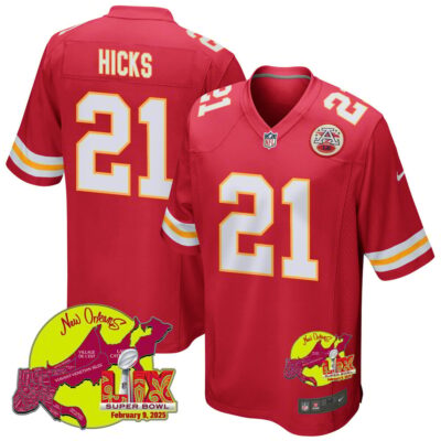 Jaden Hicks 21 Kansas City Chiefs Super Bowl LIX New Orleans Patch Game Men Jersey - Red