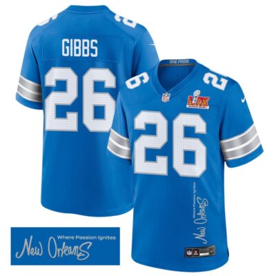 Jahmyr Gibbs 26 Detroit Lions Super Bowl LIX 'New Orleans - Where Passion Ignites' Game Men Jersey - Blue