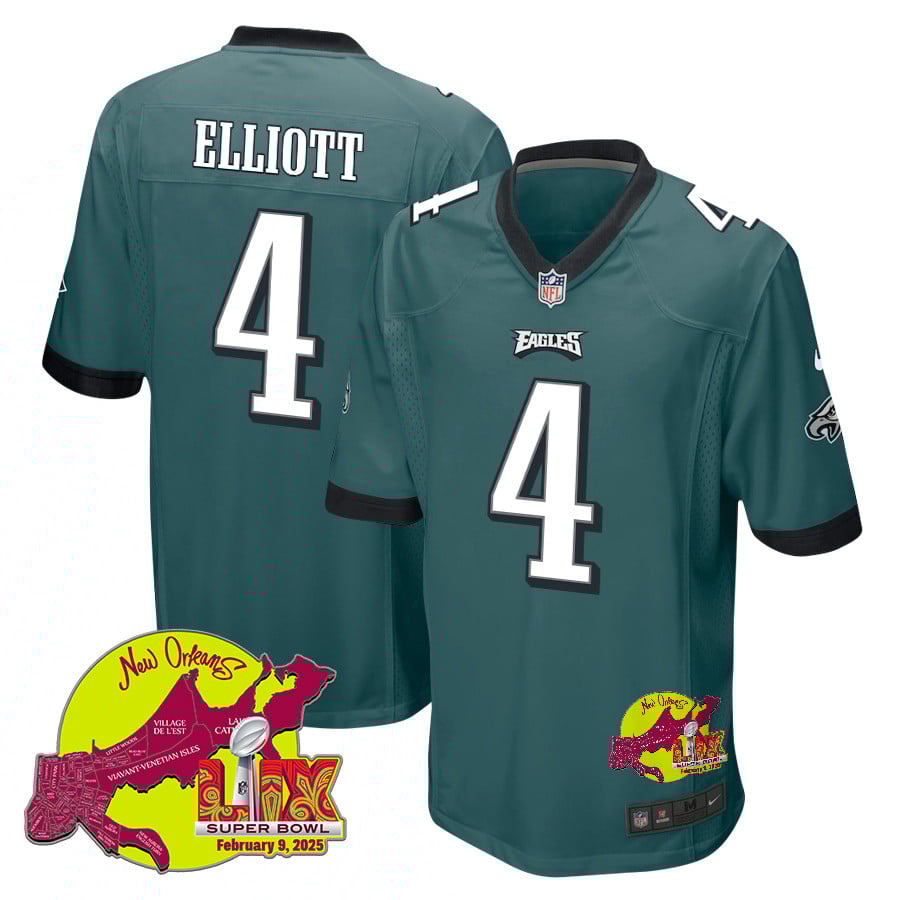 Jake Elliott 4 Philadelphia Eagles Super Bowl LIX New Orleans Patch Game Men Jersey - Midnight Green