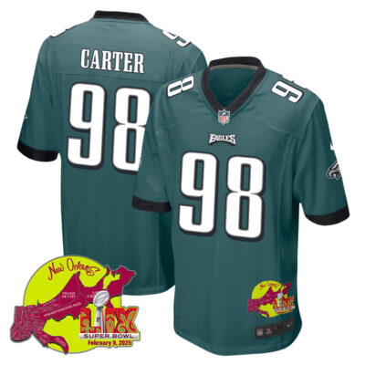Jalen Carter 98 Philadelphia Eagles Super Bowl LIX New Orleans Patch Game Men Jersey - Midnight Green