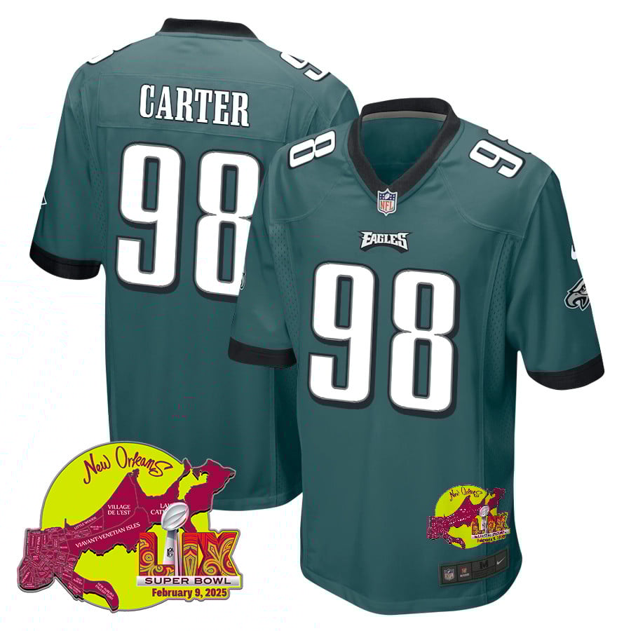 Jalen Carter 98 Philadelphia Eagles Super Bowl LIX New Orleans Patch Game Men Jersey - Midnight Green