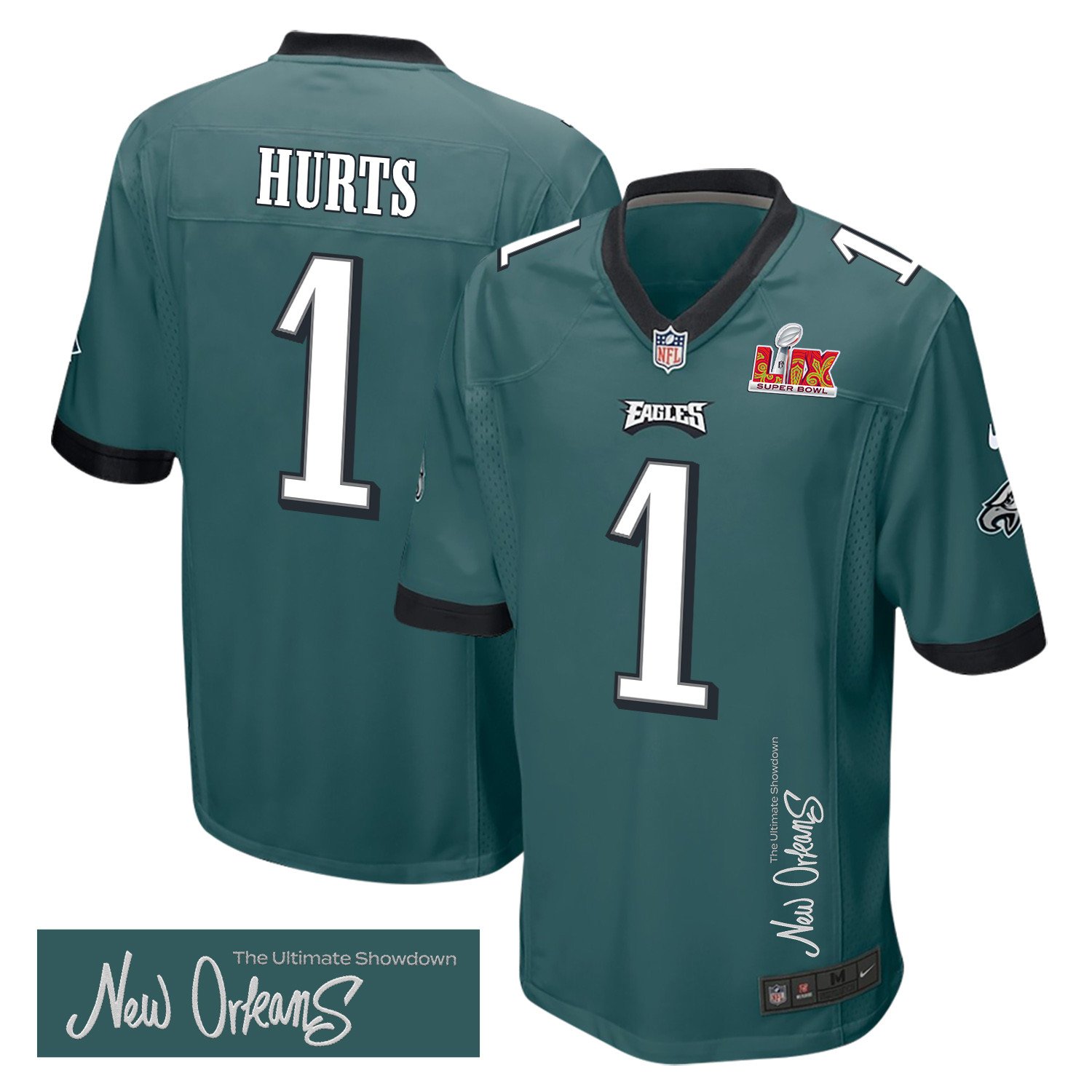 Jalen Hurts 1 Philadelphia Eagles Super Bowl LIX 'New Orleans - The Ultimate Showdown' Game Men Jersey - Midnight Green
