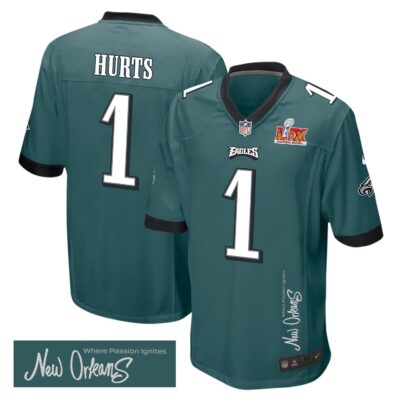 Jalen Hurts 1 Philadelphia Eagles Super Bowl LIX 'New Orleans - Where Passion Ignites' Game Men Jersey - Midnight Green