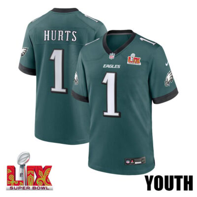 Jalen Hurts #1 Philadelphia Eagles Super Bowl LIX Youth Jersey - Midnight Green