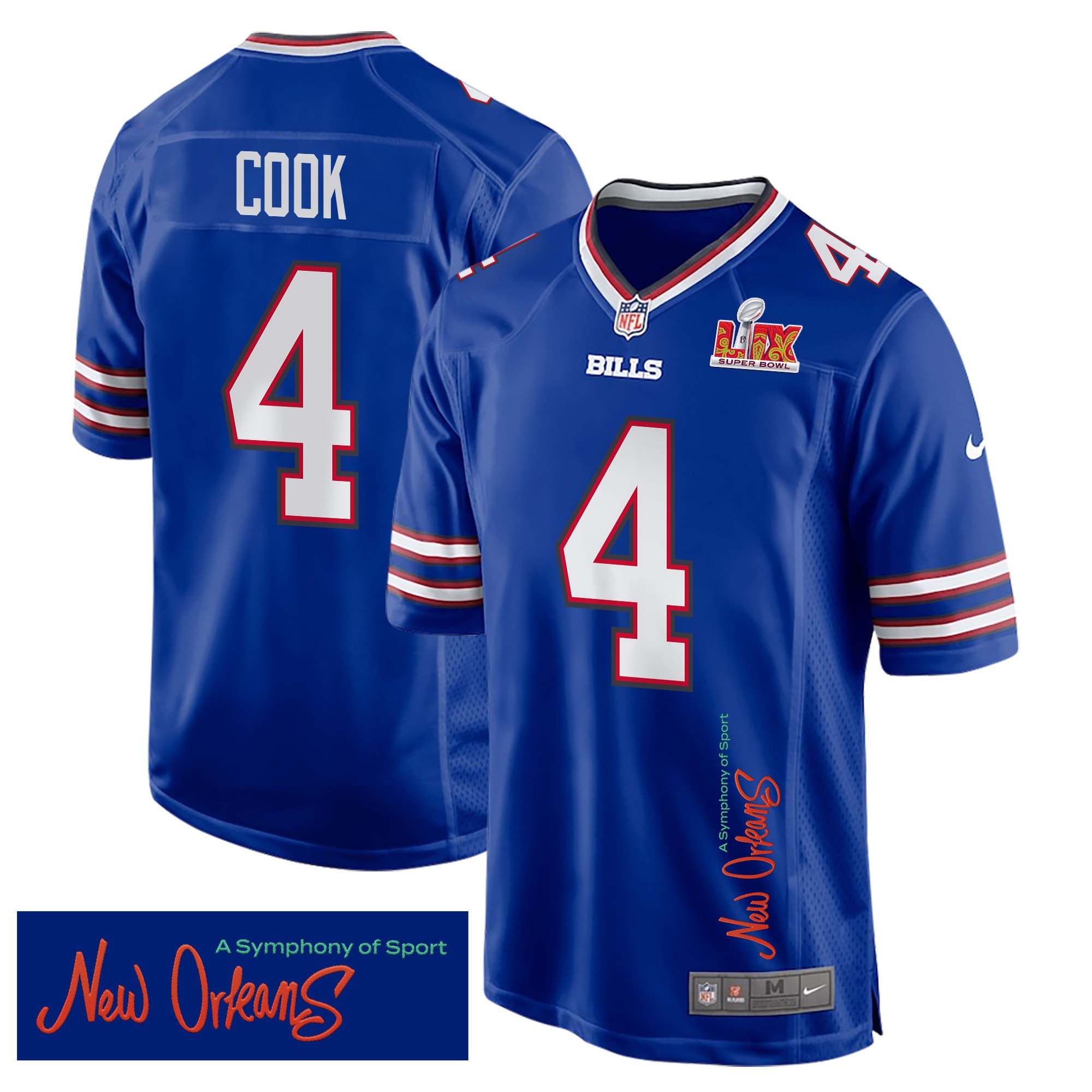 James Cook 4 Buffalo Bills Super Bowl LIX 'New Orleans - A Symphony of Sport' Game Men Jersey - Royal
