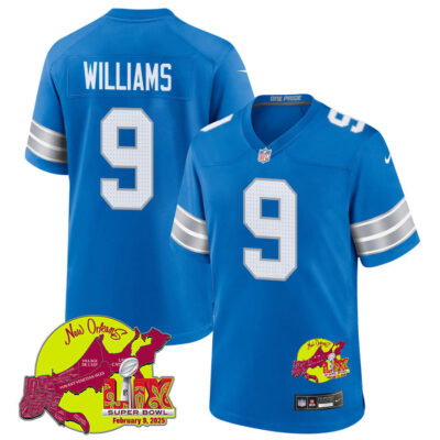 Jameson Williams 9 Detroit Lions Super Bowl LIX New Orleans Patch Game Men Jersey - Blue