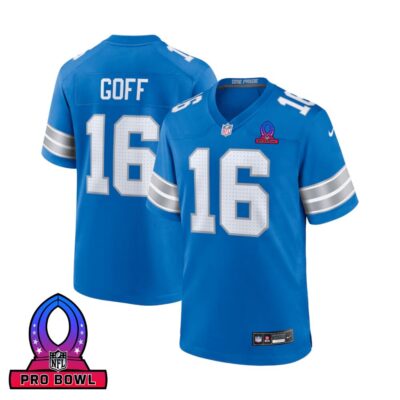 Jared Goff 16 Detroit Lions 2025 Pro Bowl Patch Game Men Jersey - Blue