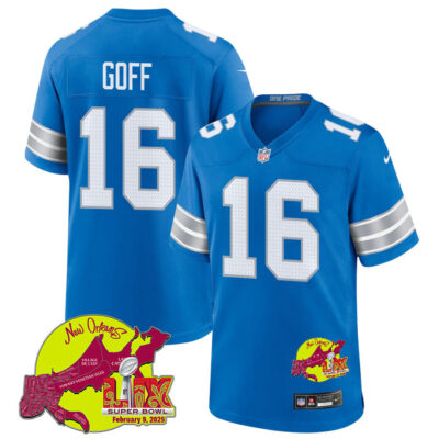 Jared Goff 16 Detroit Lions Super Bowl LIX New Orleans Patch Game Men Jersey - Blue