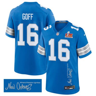 Jared Goff 16 Detroit Lions Super Bowl LIX 'New Orleans - Where Passion Ignites' Game Men Jersey - Blue
