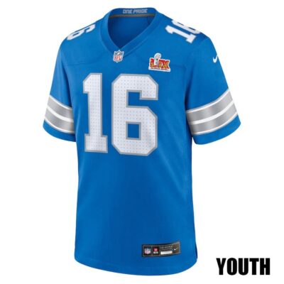 Alternative view of Jared Goff #16 Detroit Lions Super Bowl LIX Youth Jersey - Blue