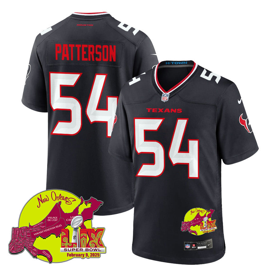 Jarrett Patterson 54 Houston Texans Super Bowl LIX New Orleans Patch Game Men Jersey - Navy