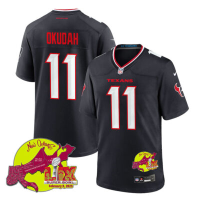 Jeff Okudah 11 Houston Texans Super Bowl LIX New Orleans Patch Game Men Jersey - Navy