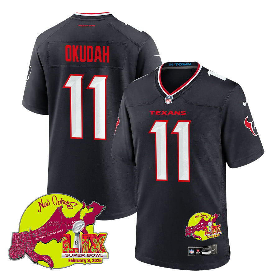Jeff Okudah 11 Houston Texans Super Bowl LIX New Orleans Patch Game Men Jersey - Navy