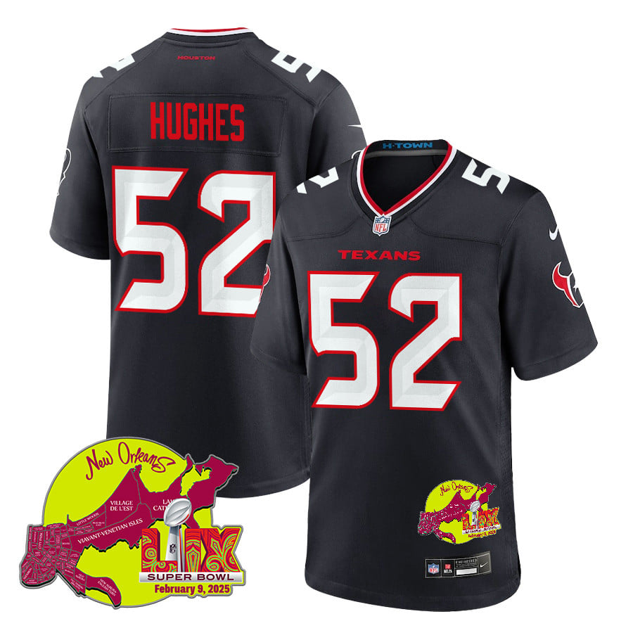 Jerry Hughes 52 Houston Texans Super Bowl LIX New Orleans Patch Game Men Jersey - Navy