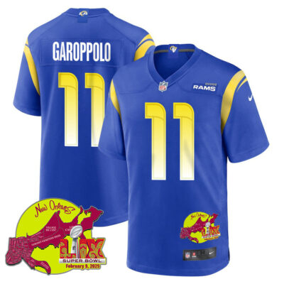 Jimmy Garoppolo 11 Los Angeles Rams Super Bowl LIX New Orleans Patch Game Men Jersey - Royal