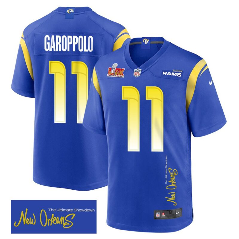 Jimmy Garoppolo 11 Los Angeles Rams Super Bowl LIX 'New Orleans - The Ultimate Showdown' Game Men Jersey - Royal