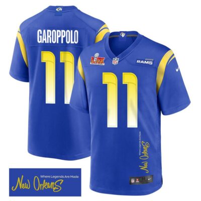 Jimmy Garoppolo 11 Los Angeles Rams Super Bowl LIX 'New Orleans - Where Legends Are Made' Game Men Jersey - Royal