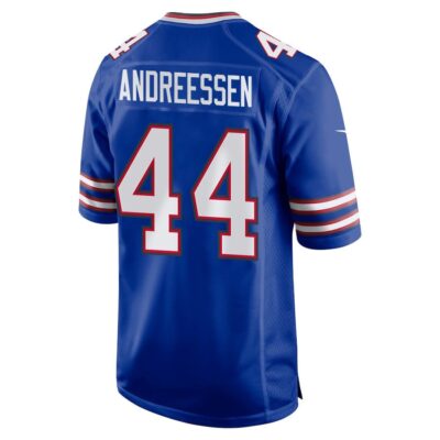 Alternative view of Joe Andreessen 44 Buffalo Bills Super Bowl LIX New Orleans Patch Game Men Jersey - Royal