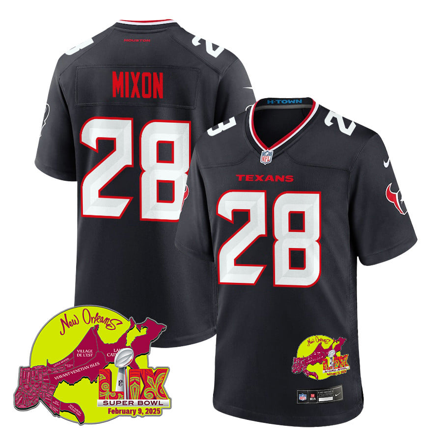 Joe Mixon 28 Houston Texans Super Bowl LIX New Orleans Patch Game Men Jersey - Navy