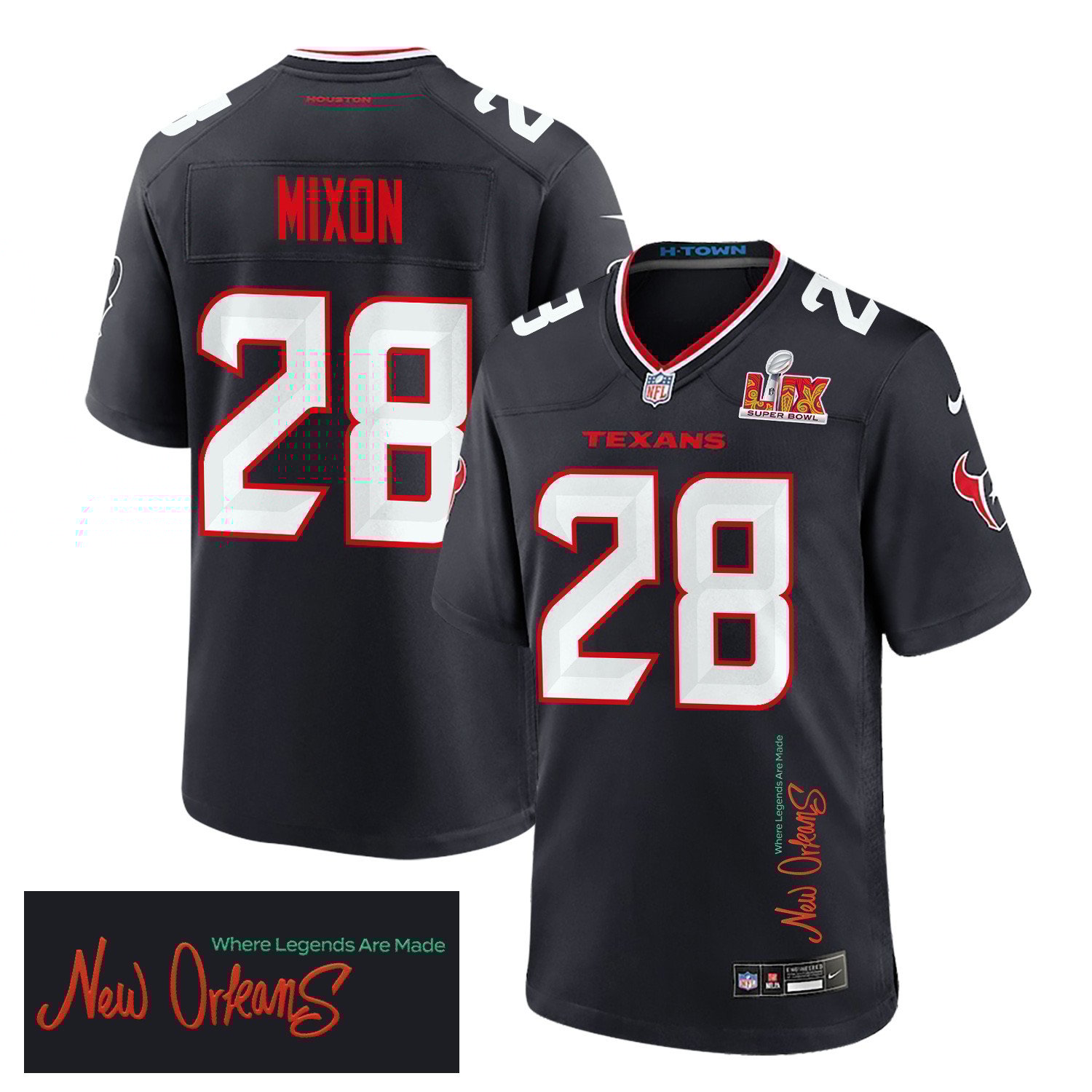 Joe Mixon 28 Houston Texans Super Bowl LIX 'New Orleans - Where Legends Are Made' Game Men Jersey - Navy