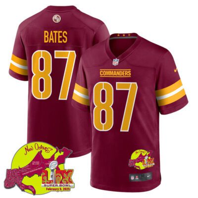 John Bates 87 Washington Commanders Super Bowl LIX New Orleans Patch Game Men Jersey - Burgundy