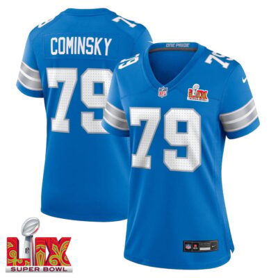 John Cominsky #79 Detroit Lions Super Bowl LIX Women's Jersey - Blue