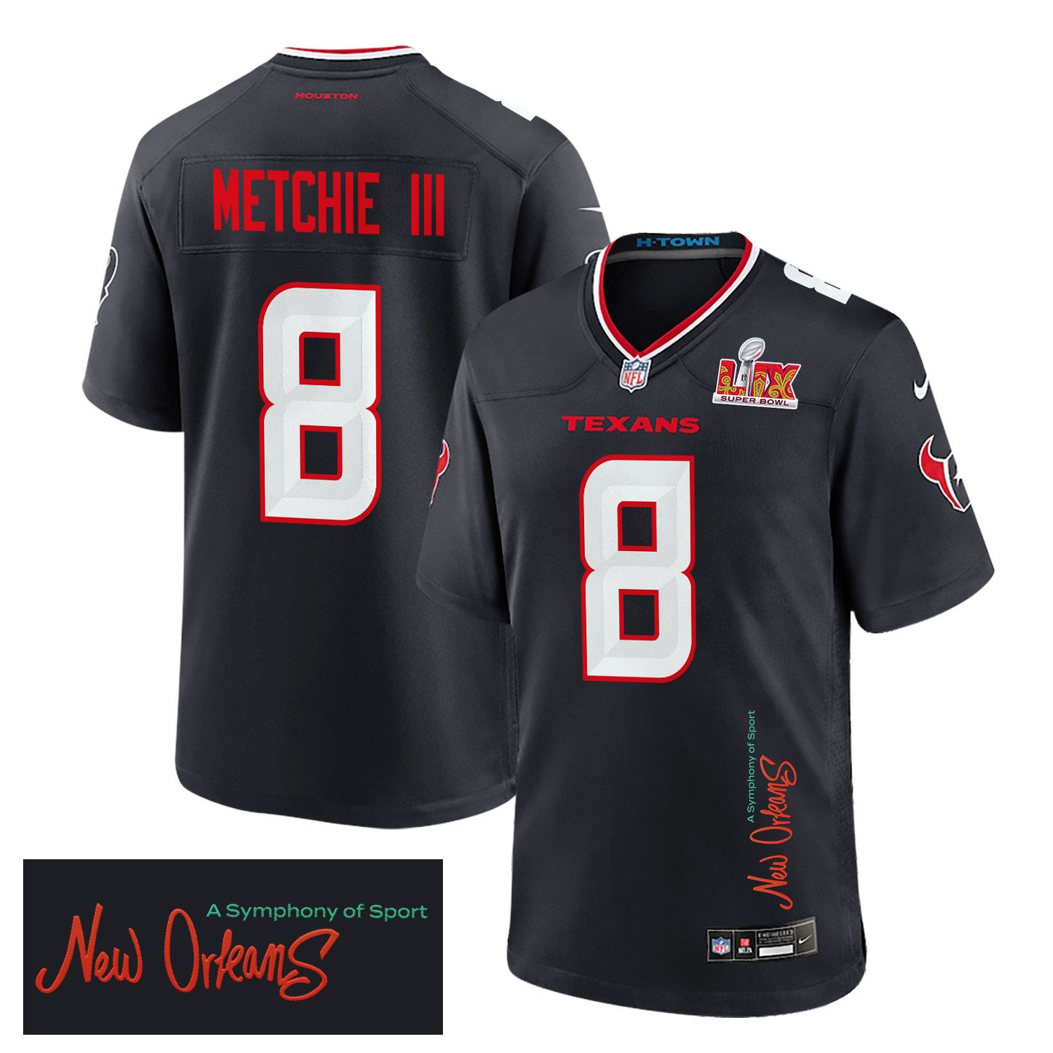 John Metchie III 8 Houston Texans Super Bowl LIX 'New Orleans - A Symphony of Sport' Game Men Jersey - Navy