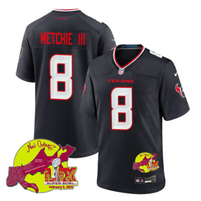 John Metchie III 8 Houston Texans Super Bowl LIX New Orleans Patch Game Men Jersey - Navy