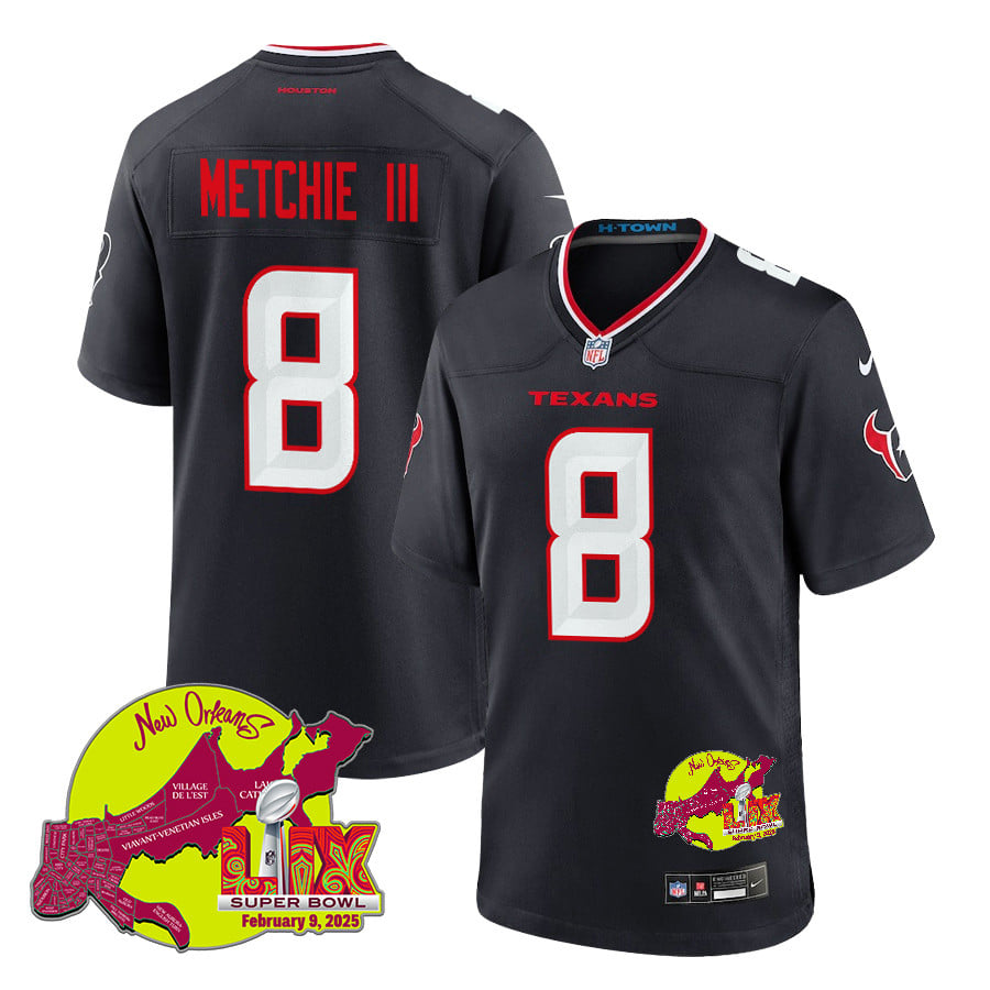 John Metchie III 8 Houston Texans Super Bowl LIX New Orleans Patch Game Men Jersey - Navy