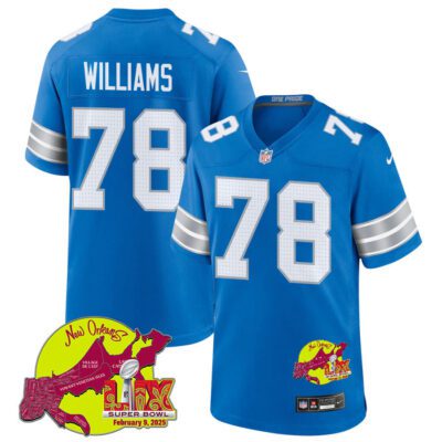 Jonah Williams 78 Detroit Lions Super Bowl LIX New Orleans Patch Game Men Jersey - Blue